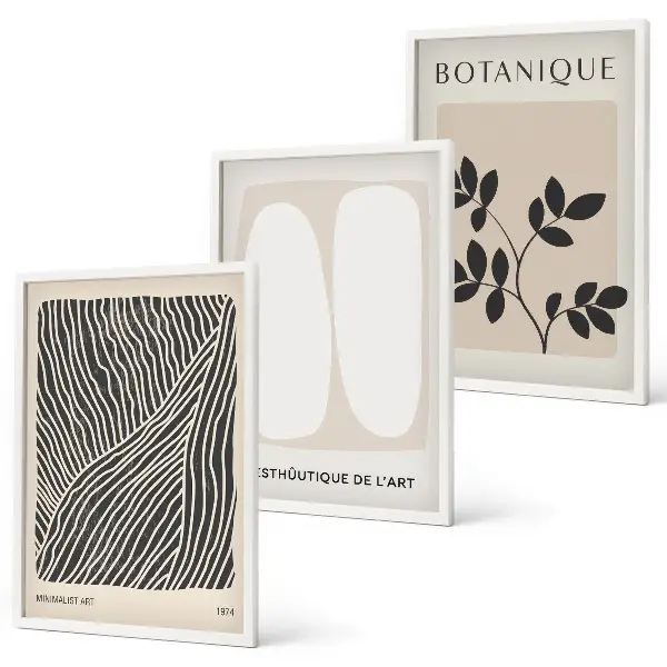 Conjunto de 3 quadros com moldura com estampas de padrões e linhas de plantas