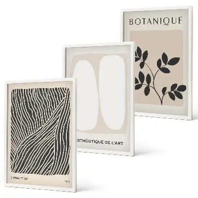 Conjunto de 3 quadros com moldura com estampas de padrões e linhas de plantas