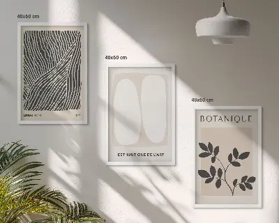Conjunto de 3 quadros com moldura com estampas de padrões e linhas de plantas