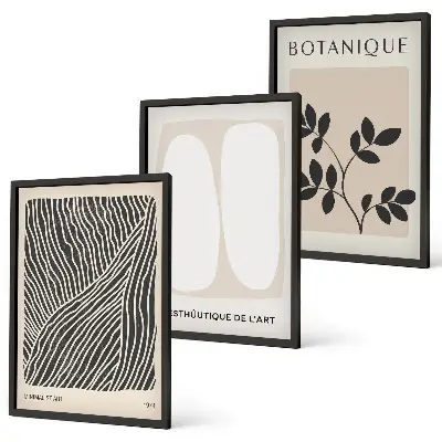 Conjunto de 3 quadros com moldura com estampas de padrões e linhas de plantas