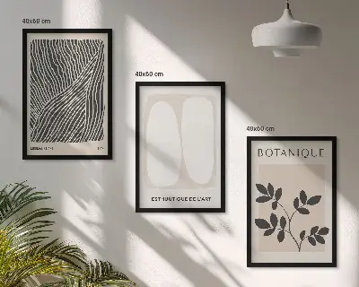 Conjunto de 3 quadros com moldura com estampas de padrões e linhas de plantas
