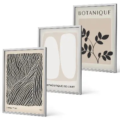Conjunto de 3 quadros com moldura com estampas de padrões e linhas de plantas