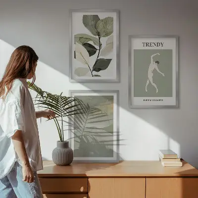 Conjunto de quadros para sala de estar com padrões abstratos de silhuetas de plantas
