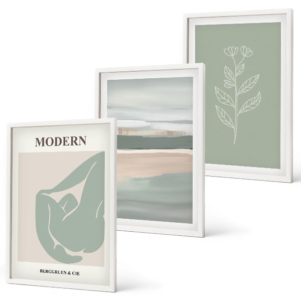 Conjunto de 3 quadros com moldura Formas abstratas de plantas em tons pastel