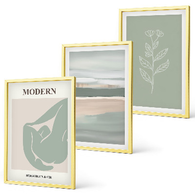 Conjunto de 3 quadros com moldura Formas abstratas de plantas em tons pastel