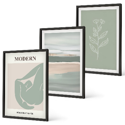 Conjunto de 3 quadros com moldura Formas abstratas de plantas em tons pastel