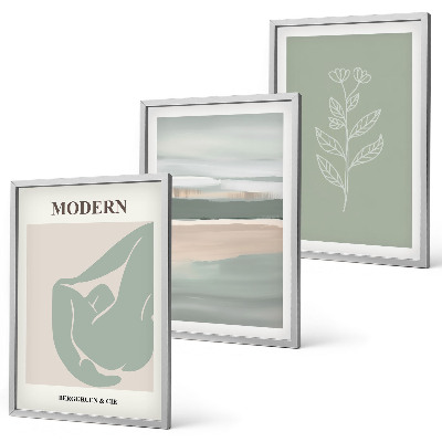 Conjunto de 3 quadros com moldura Formas abstratas de plantas em tons pastel