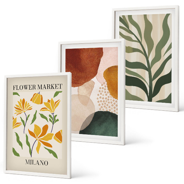 Conjunto de 3 quadros com moldura formas florais abstratas