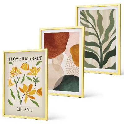 Conjunto de 3 quadros com moldura formas florais abstratas
