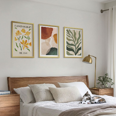 Conjunto de 3 quadros com moldura formas florais abstratas