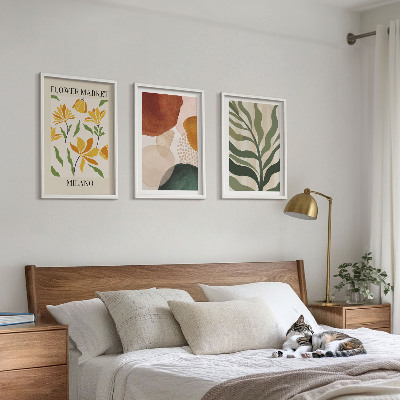 Conjunto de 3 quadros com moldura formas florais abstratas