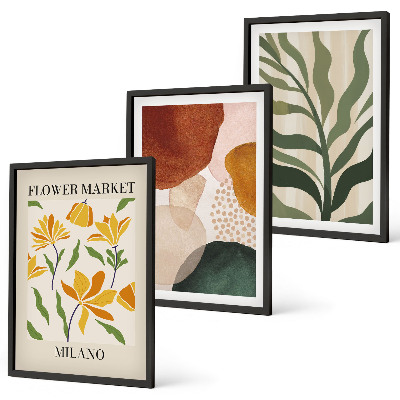 Conjunto de 3 quadros com moldura formas florais abstratas