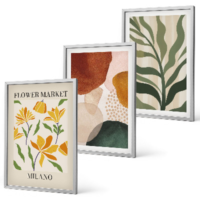 Conjunto de 3 quadros com moldura formas florais abstratas