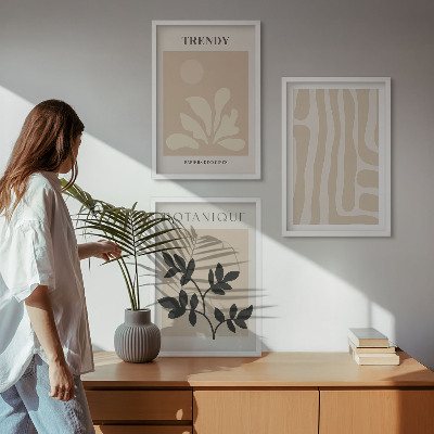 Conjunto de quadros para sala de estar Estampas de plantas estilosas em tons de bege e preto.