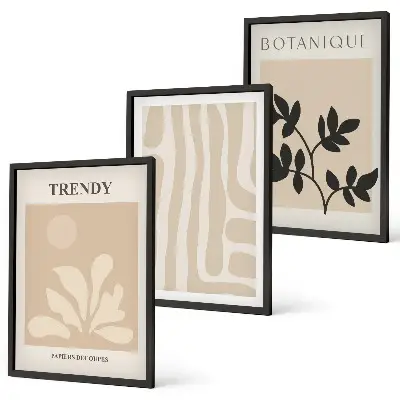 Conjunto de quadros para sala de estar com estampas de plantas em tons de bege e preto