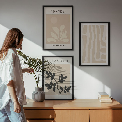 Conjunto de quadros para sala de estar Estampas de plantas estilosas em tons de bege e preto.