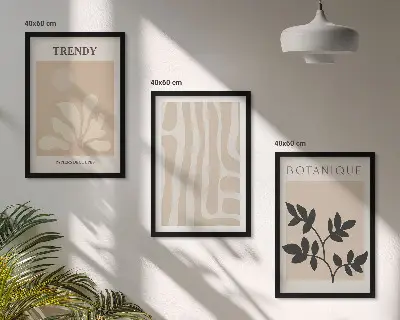 Conjunto de quadros para sala de estar com estampas de plantas em tons de bege e preto