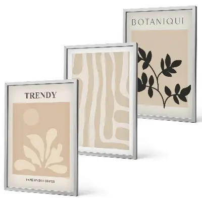Conjunto de quadros para sala de estar com estampas de plantas em tons de bege e preto