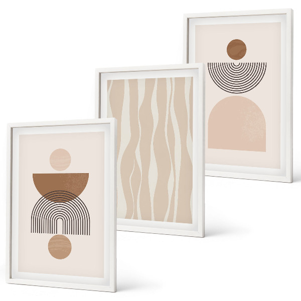 Conjunto de 3 quadros com moldura Formas abstratas em tons de marrom e bege