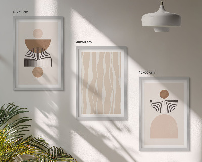Conjunto de 3 quadros com moldura Formas abstratas em tons de marrom e bege