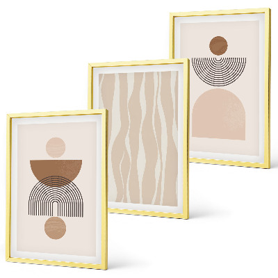 Conjunto de 3 quadros com moldura Formas abstratas em tons de marrom e bege