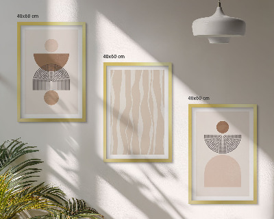 Conjunto de 3 quadros com moldura Formas abstratas em tons de marrom e bege