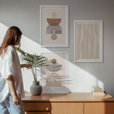 Conjunto de 3 quadros com moldura Formas abstratas em tons de marrom e bege