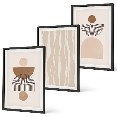 Conjunto de 3 quadros com moldura Formas abstratas em tons de marrom e bege