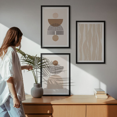 Conjunto de 3 quadros com moldura Formas abstratas em tons de marrom e bege