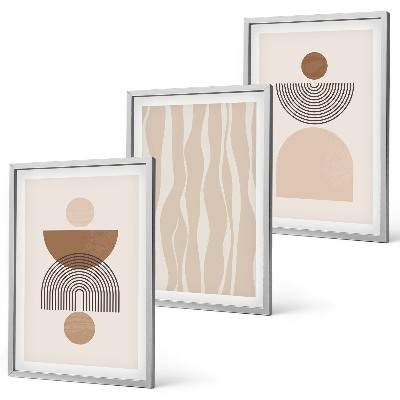 Conjunto de 3 quadros com moldura Formas abstratas em tons de marrom e bege