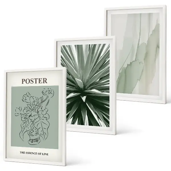 Conjunto de quadros para sala de estar com padrões de plantas em tons de verde