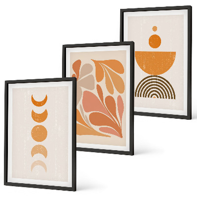 Conjunto de 3 quadros com moldura Formas abstratas laranja