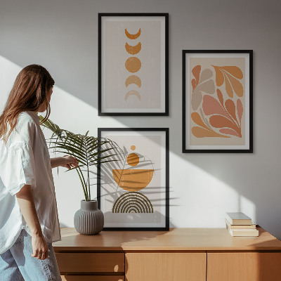 Conjunto de 3 quadros com moldura Formas abstratas laranja