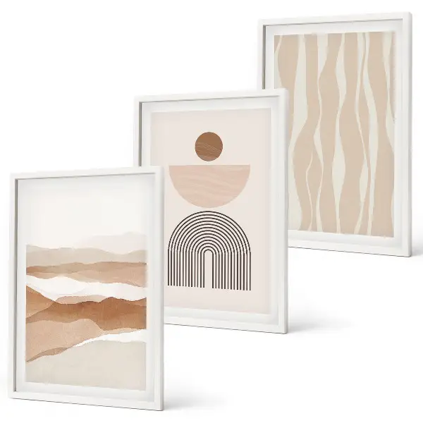 Conjunto de quadros para sala de estar com estampa de geometria abstrata e paisagem natural