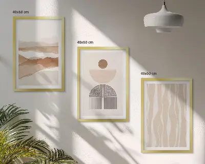 Conjunto de quadros para sala de estar com estampa de geometria abstrata e paisagem natural