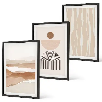 Conjunto de quadros para sala de estar com estampa de geometria abstrata e paisagem natural