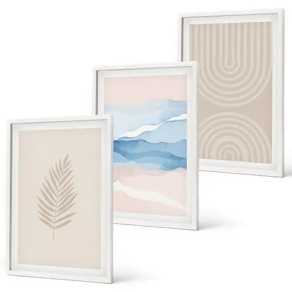 Composição de quadros moderna com estampa de ondas de folhas em tons de bege e azul