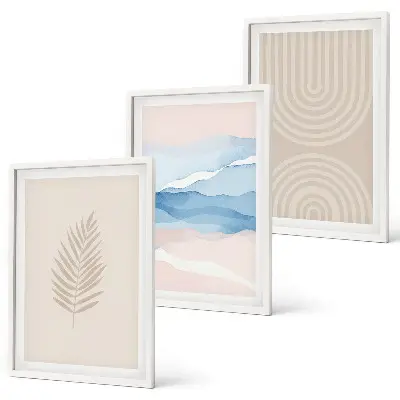 Composição de quadros moderna com estampa de ondas de folhas em tons de bege e azul