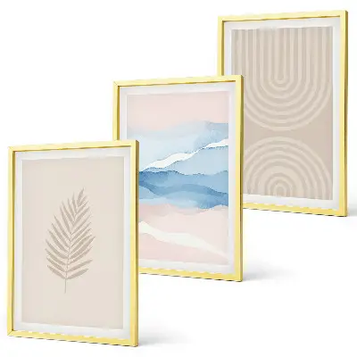 Composição de quadros moderna com estampa de ondas de folhas em tons de bege e azul