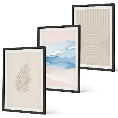 Composição de quadros moderna com estampa de ondas de folhas em tons de bege e azul