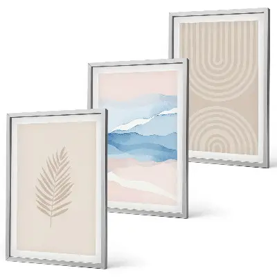 Composição de quadros moderna com estampa de ondas de folhas em tons de bege e azul