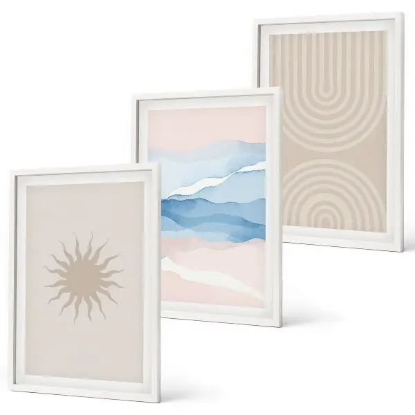 Conjunto de 3 quadros com moldura com estampa de ondas de sol e linhas abstratas em tons pastel