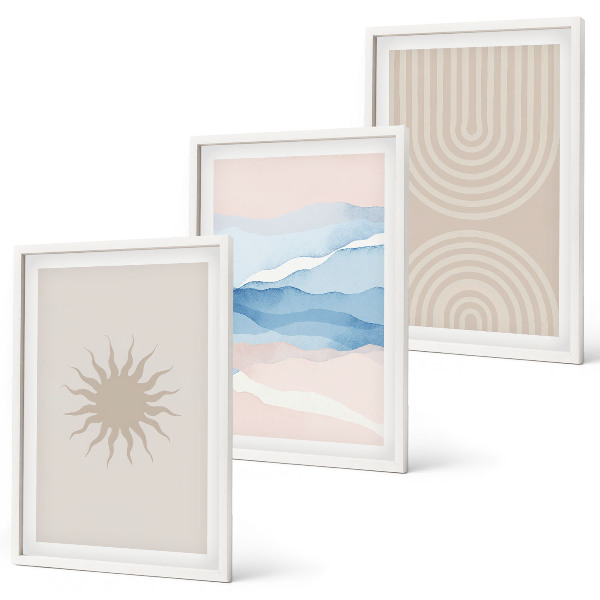 Conjunto de 3 quadros com moldura Ondas de sol, linhas abstratas, tons pastel.