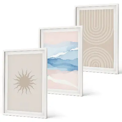 Conjunto de 3 quadros com moldura com estampa de ondas de sol e linhas abstratas em tons pastel