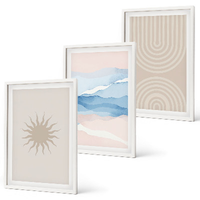 Conjunto de 3 quadros com moldura Ondas de sol, linhas abstratas, tons pastel.
