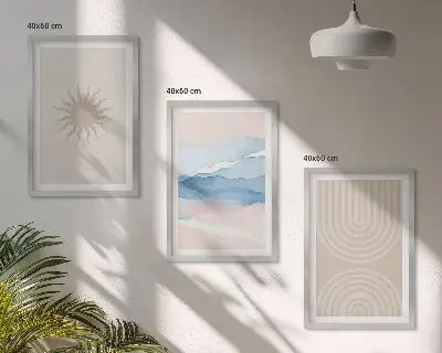 Conjunto de 3 quadros com moldura com estampa de ondas de sol e linhas abstratas em tons pastel