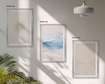 Conjunto de 3 quadros com moldura Ondas de sol, linhas abstratas, tons pastel.