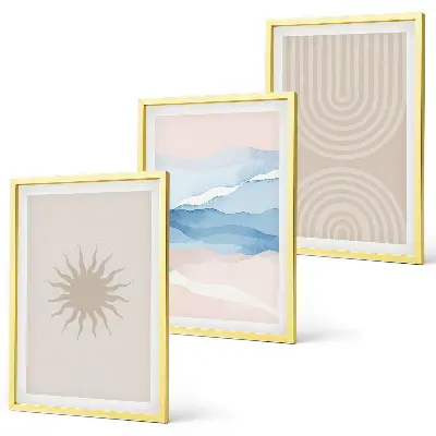 Conjunto de 3 quadros com moldura com estampa de ondas de sol e linhas abstratas em tons pastel