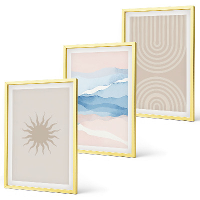 Conjunto de 3 quadros com moldura Ondas de sol, linhas abstratas, tons pastel.