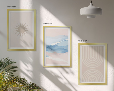 Conjunto de 3 quadros com moldura Ondas de sol, linhas abstratas, tons pastel.